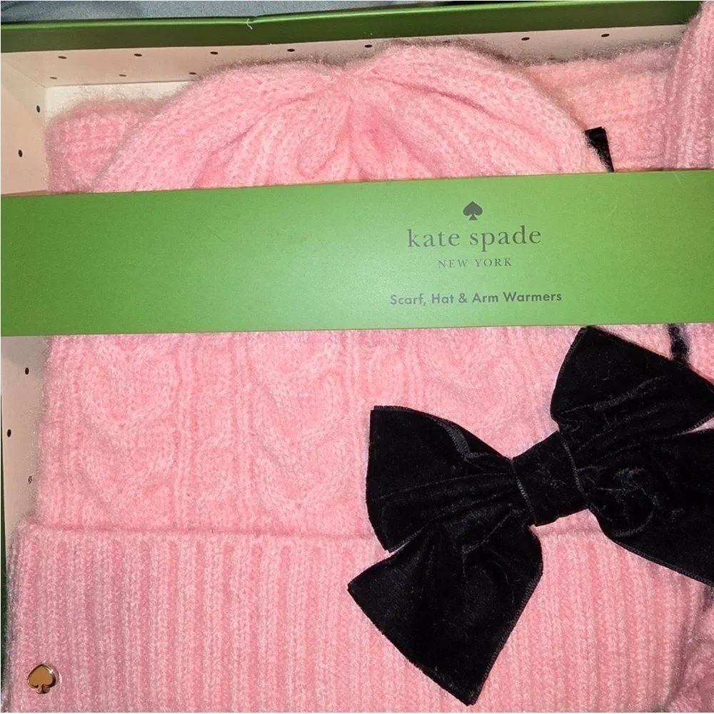 Kate Spade Pink Hat,Arm Warmers, Scarf With Bows Box Set NWT